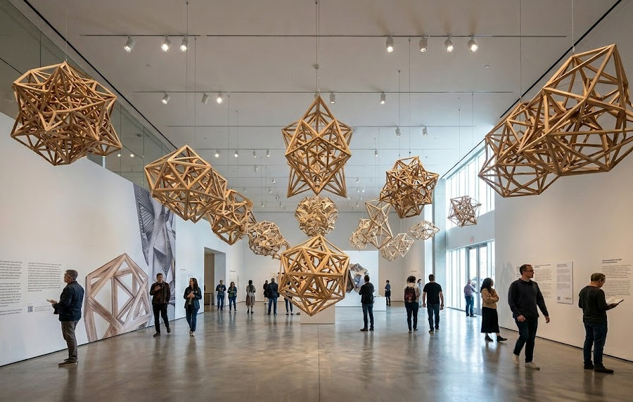 Installation view of an architectural exhibition: wooden geometric structures suspended in a gallery space.